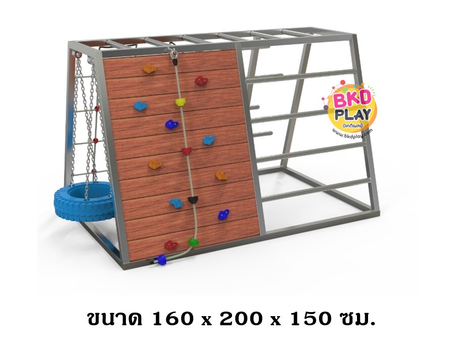 เครื่องเล่นสนามไม้+โครงสแตนเลส เกรด304 ไต่หน้าผา ปีนตาข่าย ไต่บันได ชิงช้า รุ่น BKDPLAY-S-06 ไม้เนื้อแข็ง ผลิตในไทย ใช้สแตนเลสไม่เป็นสนิม เครื่องเล่นสนามกลางแจ้ง เครื่องเล่นสนามไม้ ปีนป่าย กายภาพบำบัด