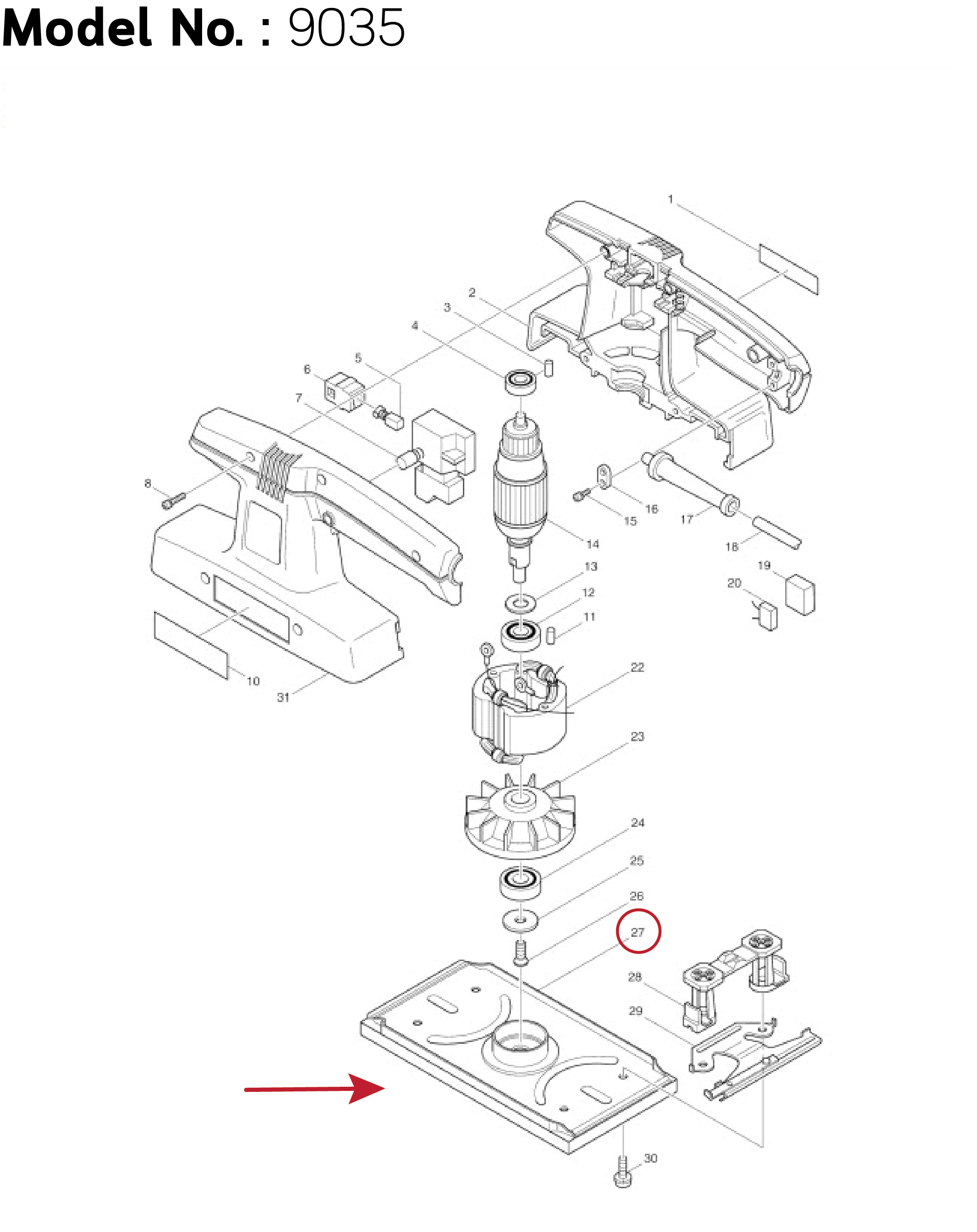 ฐาน (แท้) เครื่องขัดกระดาษทราย Makita มากีต้า รุ่น 9035, 9035SB (155174-3) (อะไหล่แท้ 100%) ฐานเครื่องขัดกระดาษทราย
