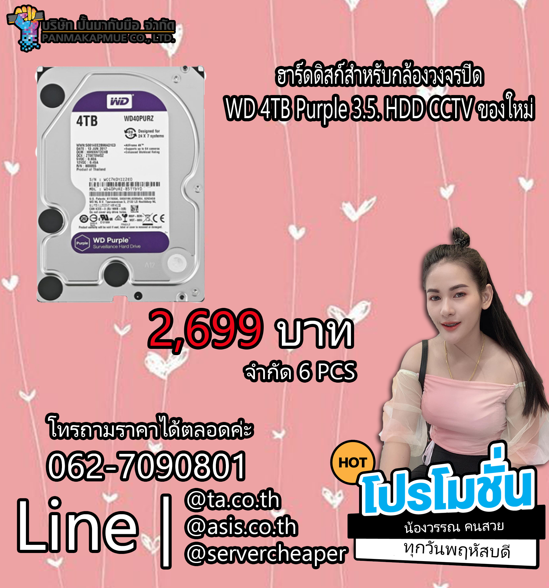 ฮาร์ดดิสก์สำหรับกล้องวงจรปิด WD 4TB Purple 3.5. HDD CCTV ของใหม่