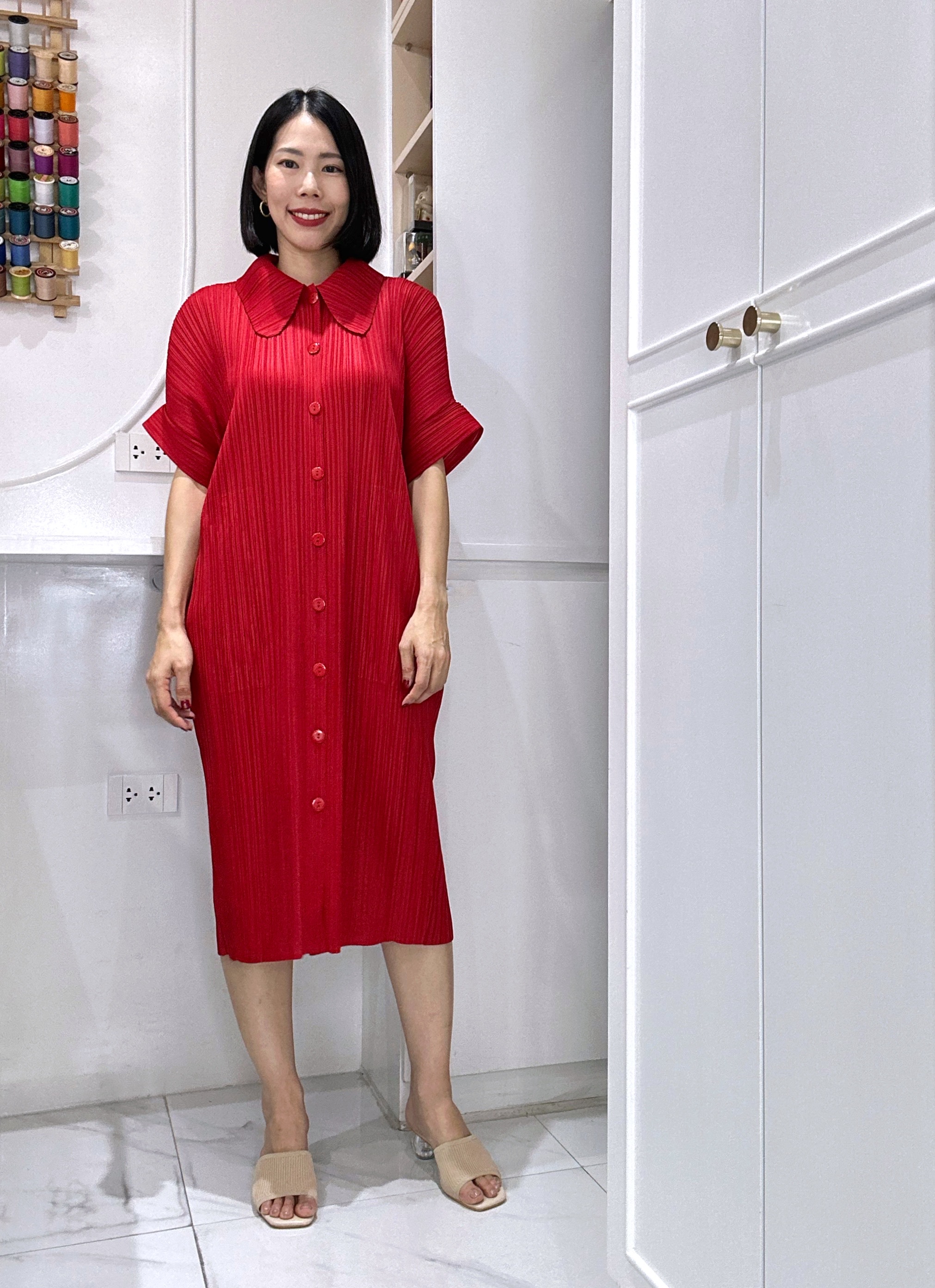 2MUAY รุ่น GJO2087 COLLAR BUTTON FRONT PLEAT DRESS เดรสอัดพลีทงานคุณภาพ 9สี FREE SIZE
