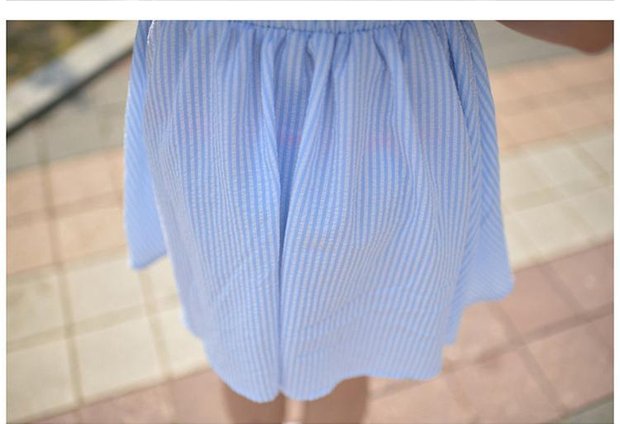 ชุดเดรสแฟชั่น ผ้าฝ้ายผ้าลินินแขนสั้นลายเส้นแนวตั้งเอวตั้งเป็นเสื้อเชิ้ต (ตามรูป)