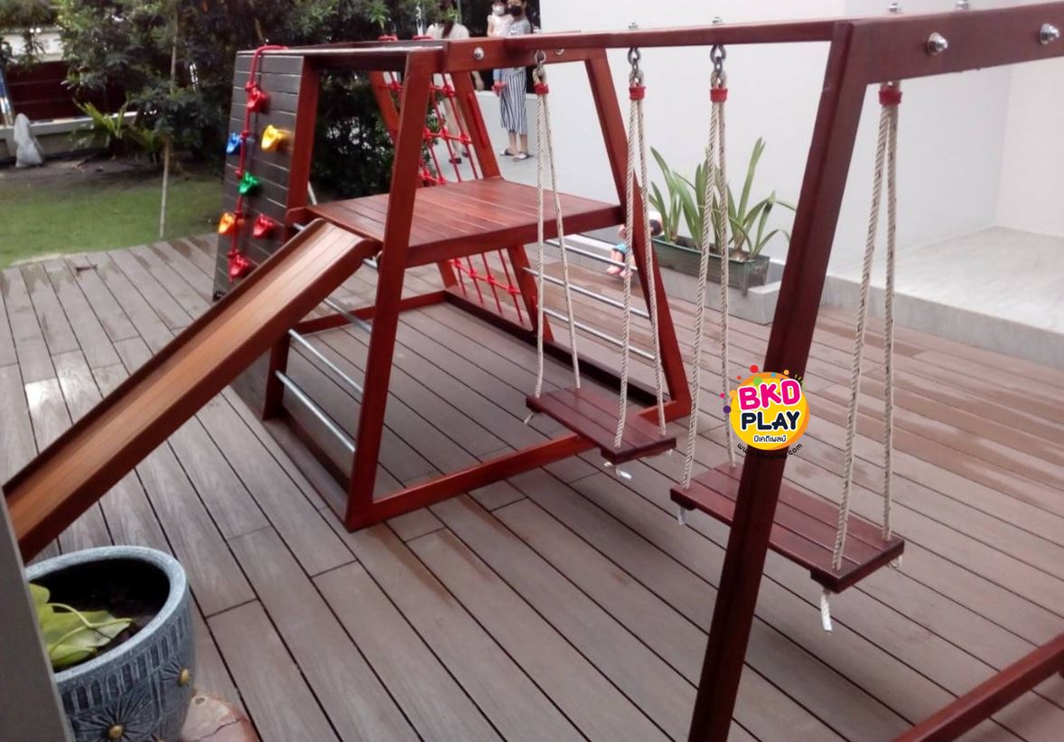 เครื่องเล่นสนามไม้ งานกลางแจ้ง ชุดรวม D ชิงช้า สไลเดอร์ ปีนป่ายหน้าผา,ไม้เนื้อแข็ง wood playground