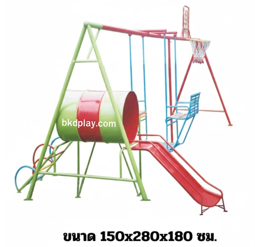 เครื่องเล่นสนามเหล็ก รุ่นอุโมงค์ชิงช้า สไลเดอร์ พร้อมห่วงปีนและบาสเกตบอล สไลเดอร์,อุโมงค์,ชิงช้า OutdoorPlayground,ผลิตเครื่องเล่นสนาม,เครื่องเล่นในสนามเด็กเล่น,เครื่องเล่นงบสพฐ.,ประชารัฐ, ราคาโรงงาน ขนาด150x280x180 ซม.