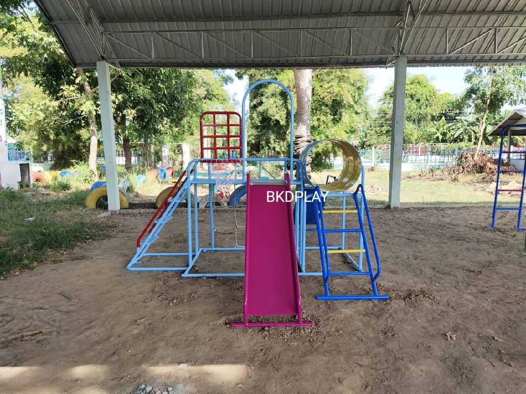 เครื่องเล่นสนามชุดรวมD ประกอบด้วยสไลเดอร์ปีนป่ายแป้นบาสและถังลอด, เครื่องเล่นสนามกลางแจ้ง , เครื่องเล่นสนามเหล็ก, ของเล่น, OutdoorPlayground,สนามเด็กเล่น,เครื่องเล่นงบสพฐ.ประชารัฐ ราคาโรงงาน