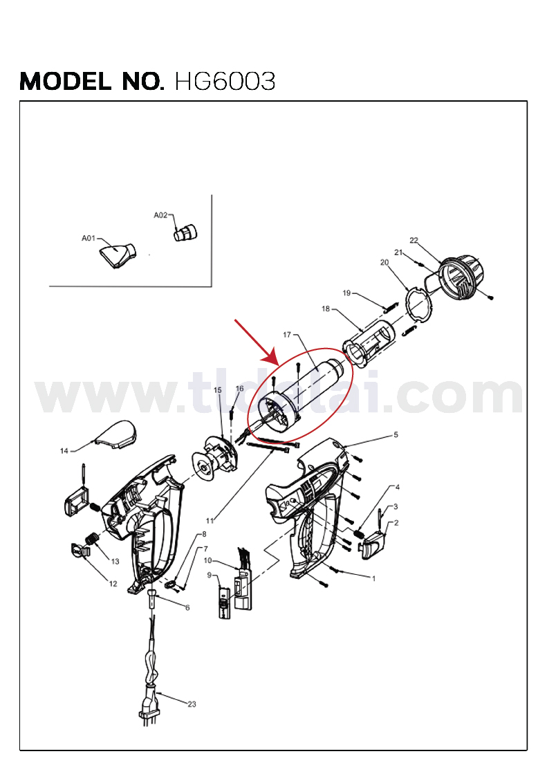 ไส้ความร้อน (แท้) เครื่องเป่าลมร้อน Makita มากีต้า รุ่น HG6003 #16 (TP00000144) (อะไหล่แท้100%)
