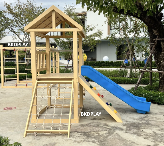 เครื่องเล่นสนามไม้ ชุด K ปีนป่ายเชือก ,ชิงช้า ,ปีนหน้าผา ปีนป่ายไม้ เครื่องเล่นสนามกลางแจ้ง ไม้เนื้อแข็ง สั่งทำสีที่ต้องการได้ wood playground