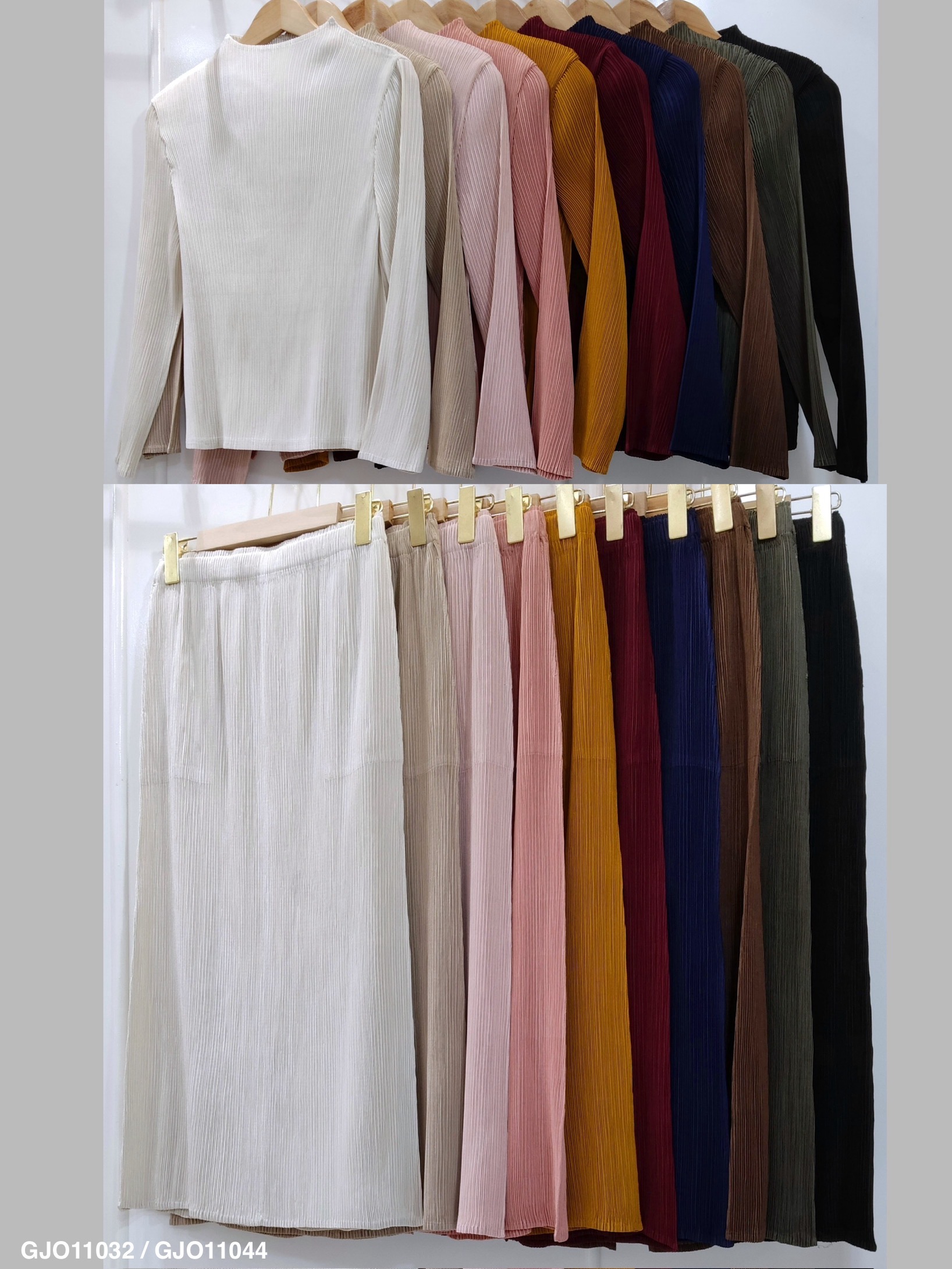 ปรับราคาลง20%!! 2MUAY รุ่น GJO11032/ GJO11044 เซ็ตพลีทผ้าแมตต์ HIGHNECK LONGSLEEVE TOP WITH PENCIL SKIRT PLEATED SET 10 สี FREE SIZE