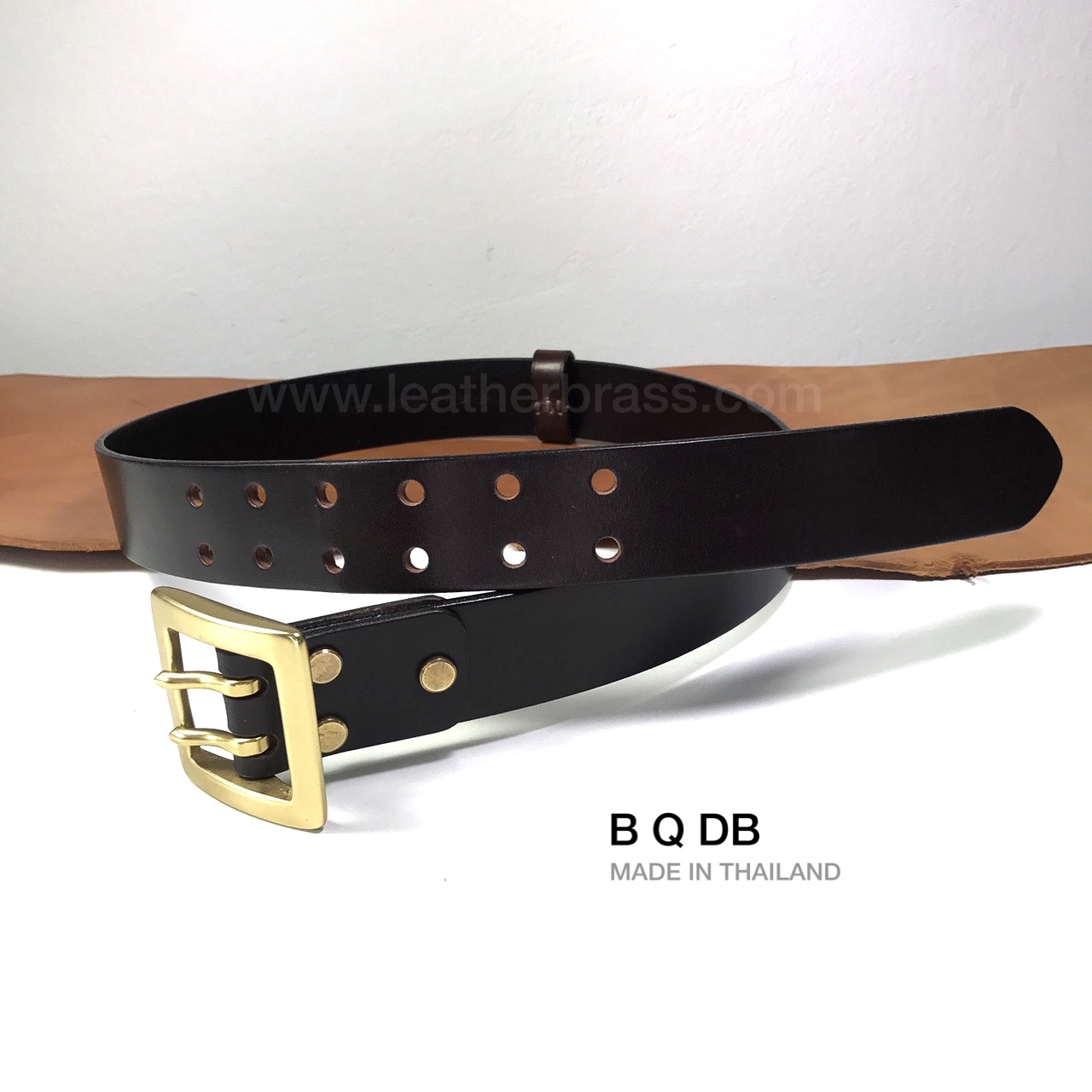 BQ เข็มขัดหนังฟอกฟาดประกอบหัวเข็มขัดทองเหลืองแท้ หมุดทองเหลืองแท้ ขนาด38มิล leatherbrass
