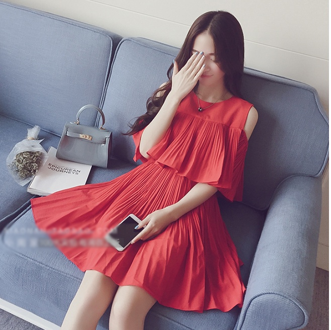 เดรสเว้าไหล่ ผ้าชีฟองเนื้อทรายเนื้อดี ตามแบบ