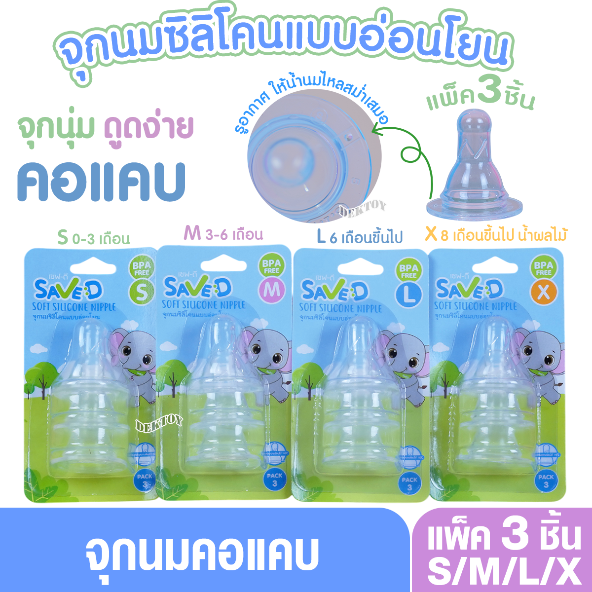 แพ็ค3 Save D จุกนมซิลิโคนแบบอ่อนโยน จุกนุ่ม ดูดง่าย แพ็ค 3 ชิ้น สุดคุ้ม (S M L)