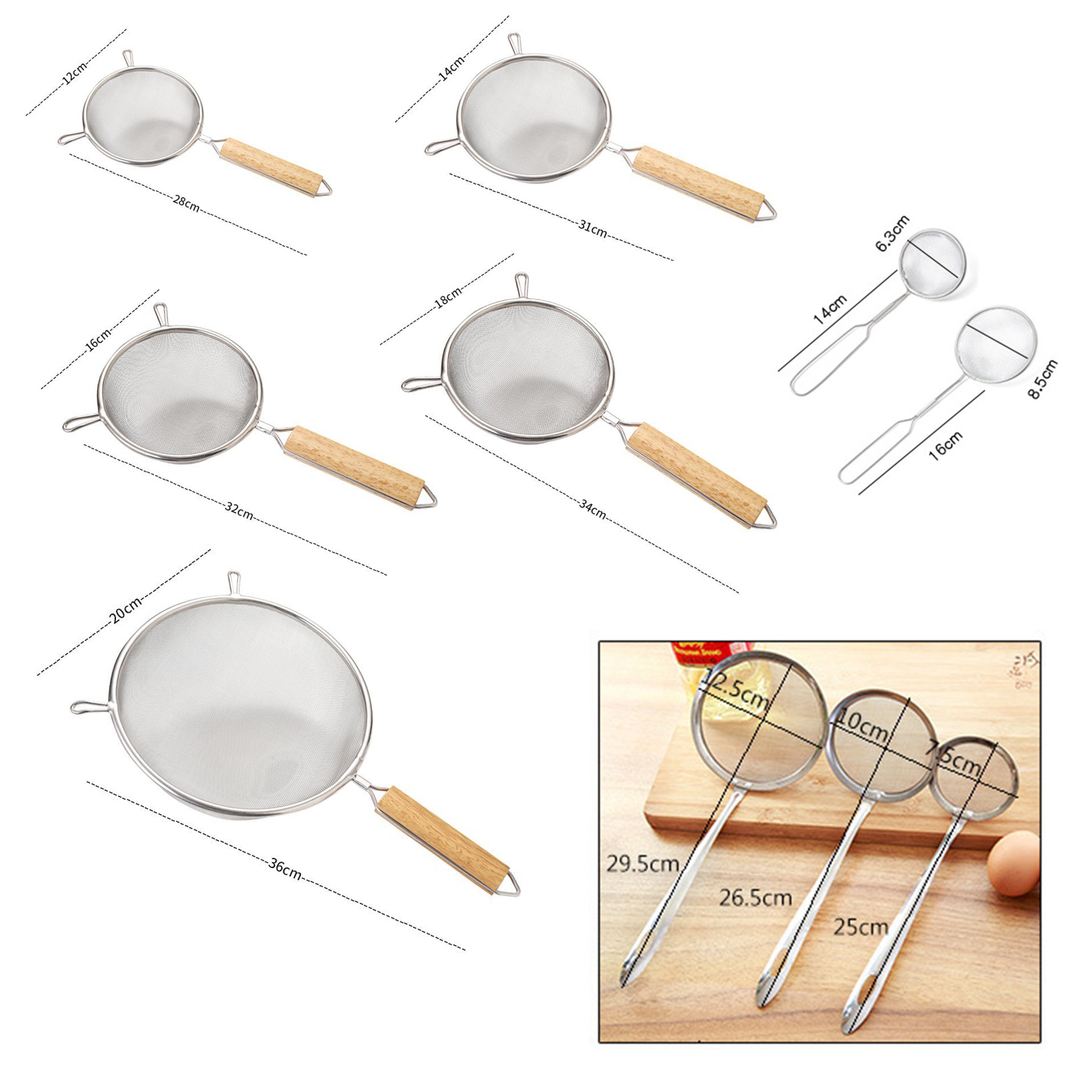 กระชอนกรอง สแตนเลส304 มี4รุ่น ด้ามจับไม้ / ด้ามลวด / ด้ามแบน / ด้ามคีบ มีให้เลือก หลายขนาด