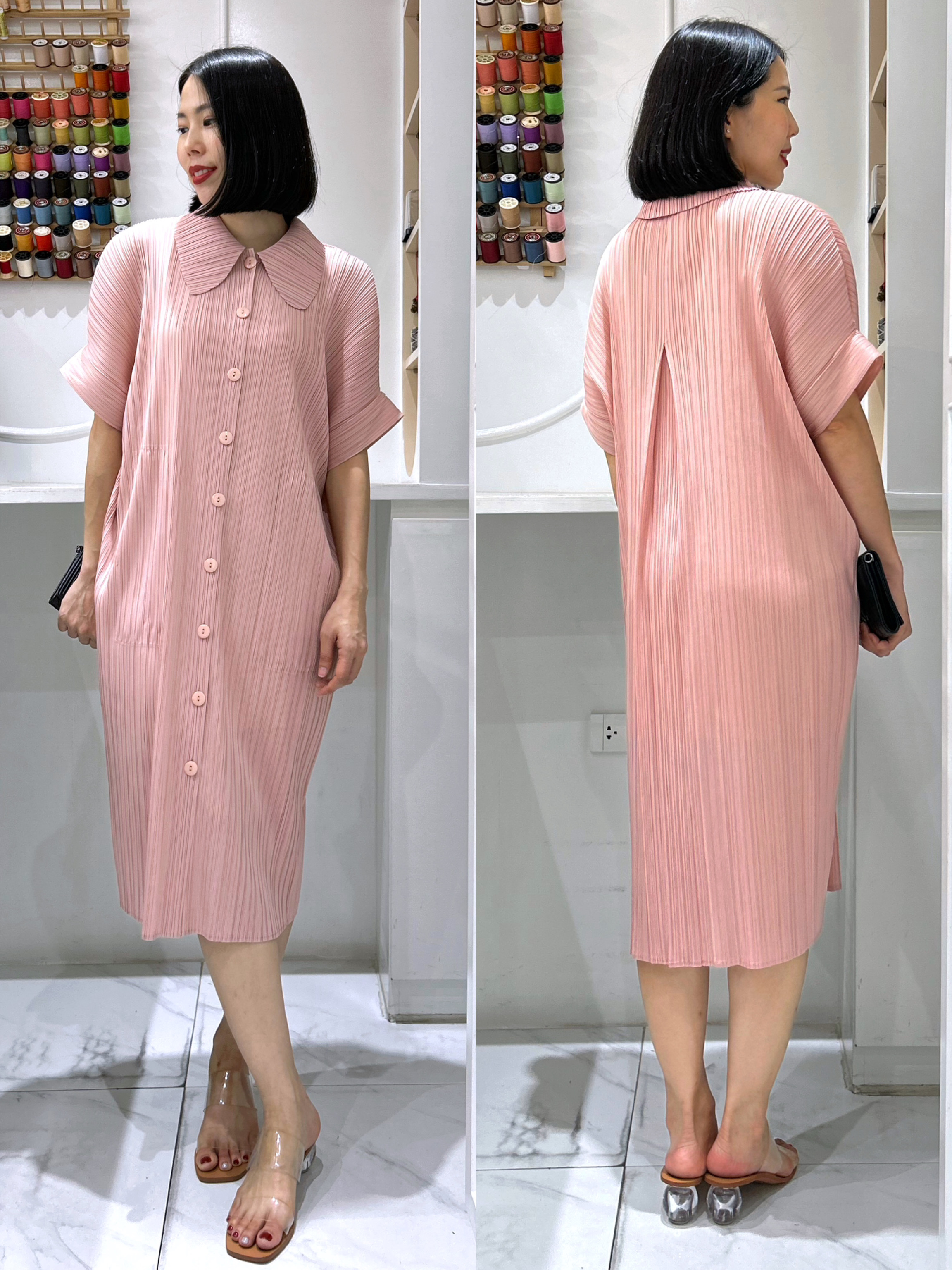 2MUAY รุ่น GJO2087 COLLAR BUTTON FRONT PLEAT DRESS เดรสอัดพลีทงานคุณภาพ 9สี FREE SIZE