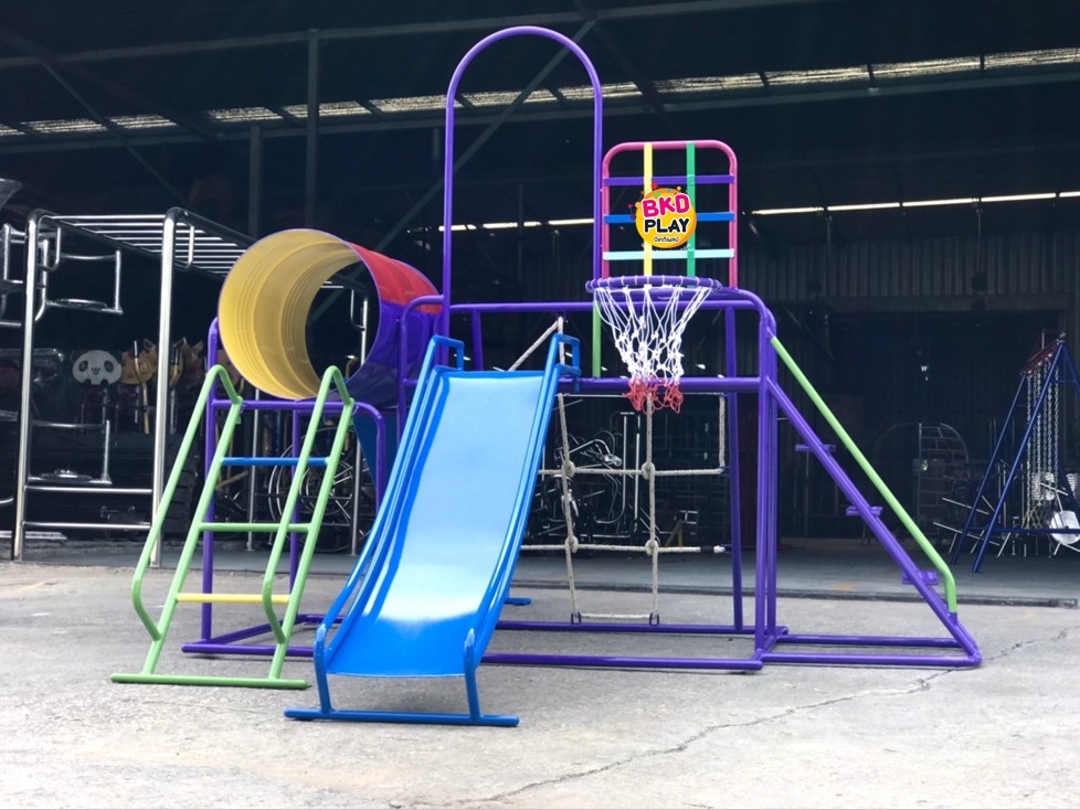 เครื่องเล่นสนามชุดรวมD ประกอบด้วยสไลเดอร์ปีนป่ายแป้นบาสและถังลอด, เครื่องเล่นสนามกลางแจ้ง , เครื่องเล่นสนามเหล็ก, ของเล่น, OutdoorPlayground,สนามเด็กเล่น,เครื่องเล่นงบสพฐ.ประชารัฐ ราคาโรงงาน