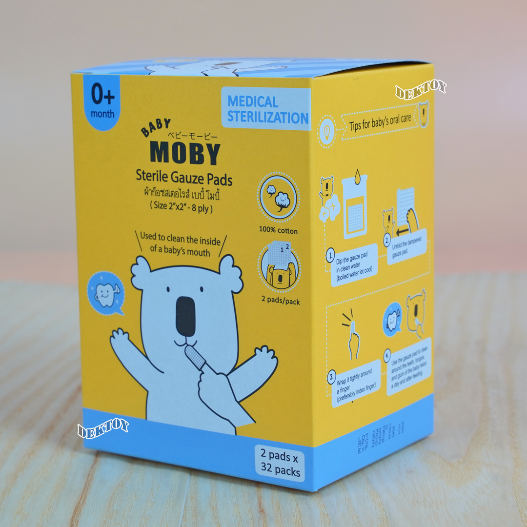 baby moby โมบี้ ผ้าก๊อซเช็ดลิ้นทารก สเตอไรส์ แบบซอง ขนาด 2นิ้ว 32 ซอง(64แผ่น)