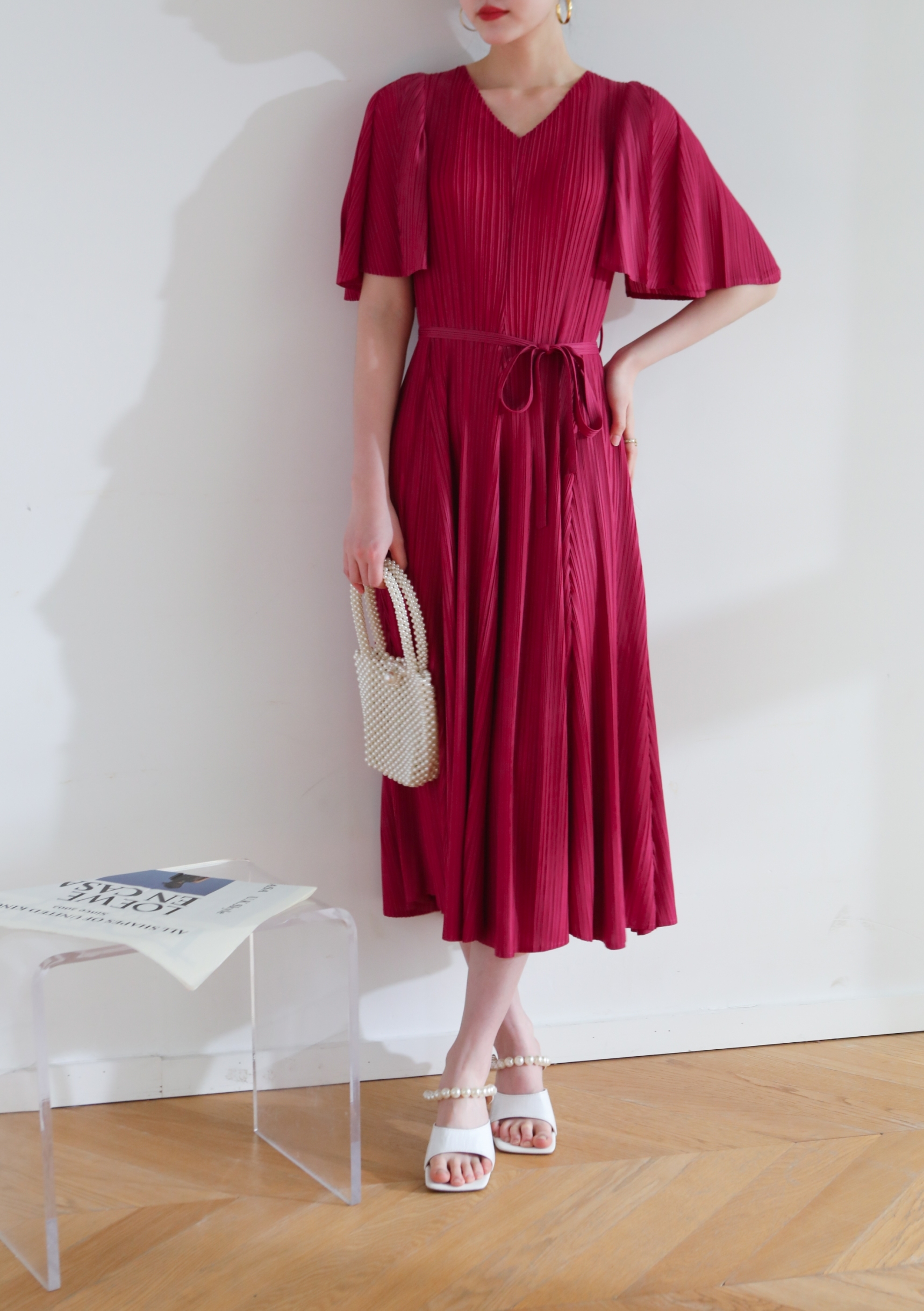 2MUAY รุ่น GJO3653 เดรสผู้หญิง เดรสพลีทคุณภาพ 10สี FREE SIZE V NECK FLARE SLEEVE PLEATED DRESS