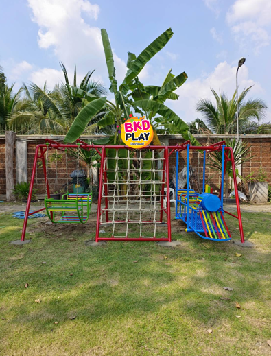 เครื่องเล่นสนามกลางแจ้ง เหล็ก ชุดปีนป่ายรวมรถไฟ พร้อมชิงช้านั่งคู่ OutdoorPlayground,ผลิตเครื่องเล่นสนาม,เครื่องเล่นในสนามเด็กเล่น,เครื่องเล่นงบสพฐ.,ประชารัฐ, ราคาโรงงาน ขนาด 150 x 350 x 160 ซม.