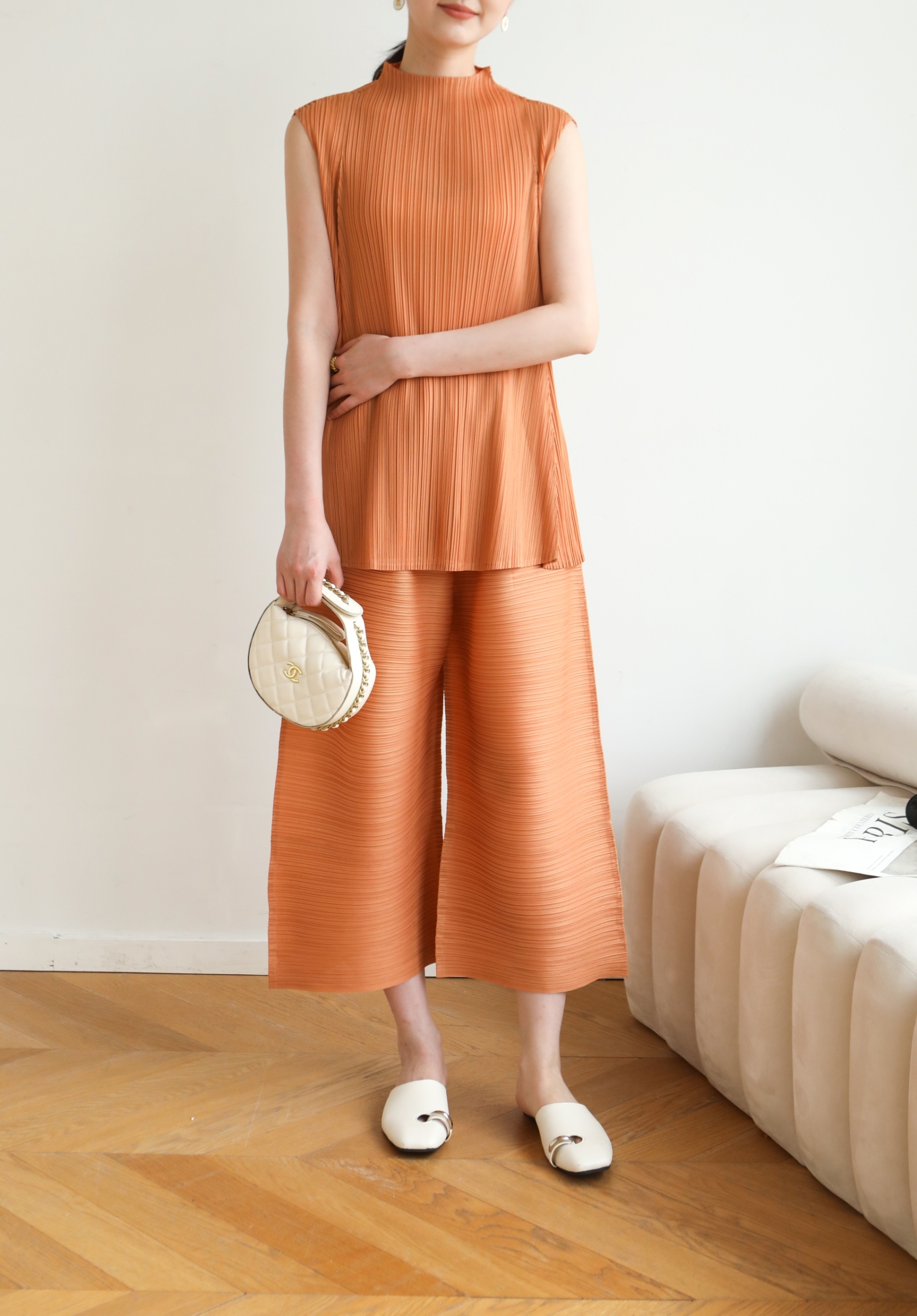 2MUAY รุ่น GJO5396 / GJO1134 เซ็ตพลีทคุณภาพ HIGH NECK FLARED TOP WITH PANT PLEATED SET 12 สี FREE SIZE