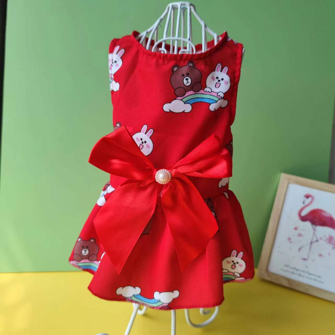 🇹🇭พร้อมส่ง🇹🇭 👗🥰🐻 เดรสสีสดใสลายน่ารักแต่งโบว์ติดมุก for pet สุนัข หมา แมว