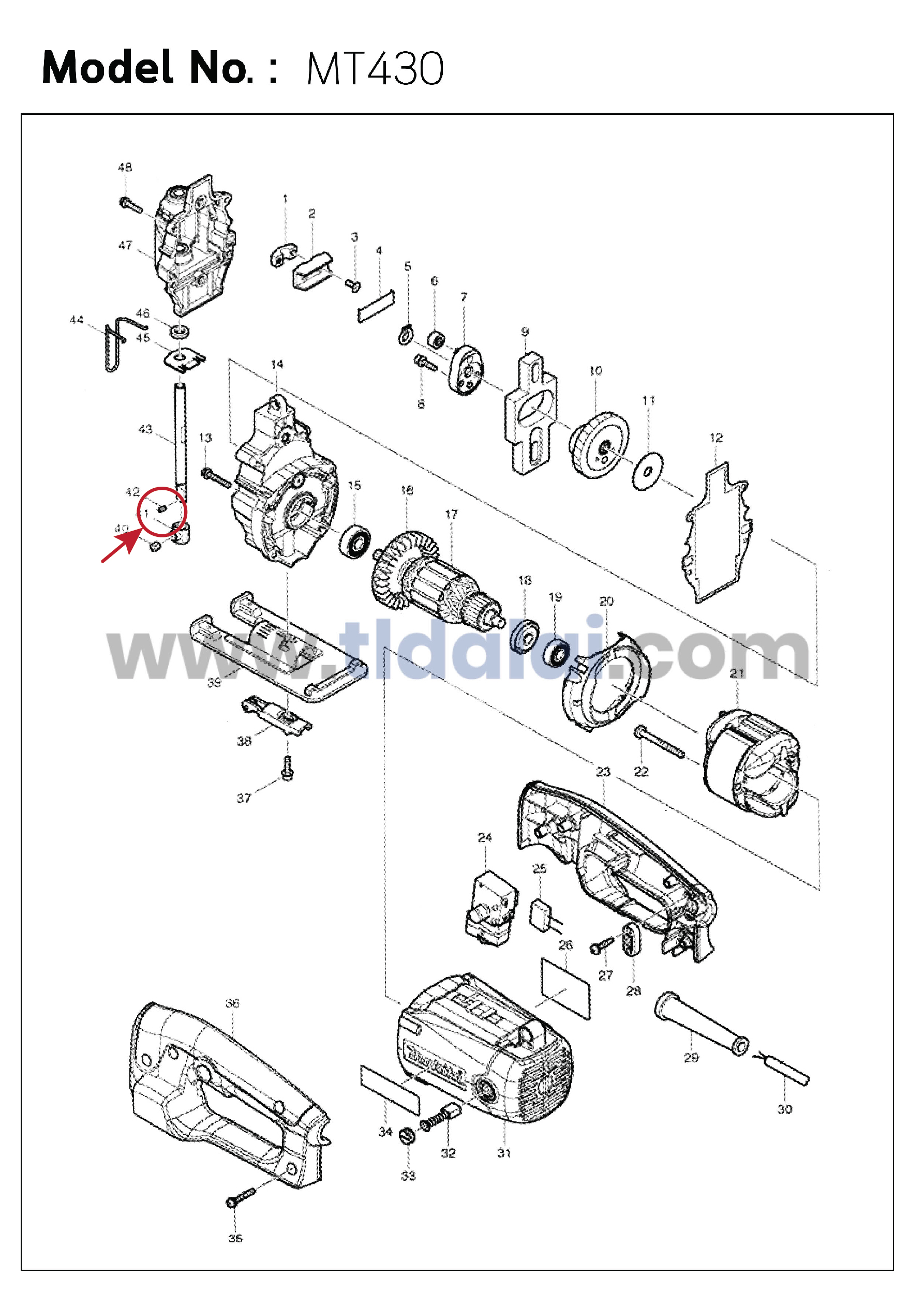 สลักล็อคปากจับ (แท้) เลื่อยจิ๊กซอว์ Makita มากีต้า รุ่น M4302, M4302B - Maktec มาคเทค รุ่น MT430 #42 (258002-2) (อะไหล่แท้ 100%) สลักล็อกปากจับ สำเนา