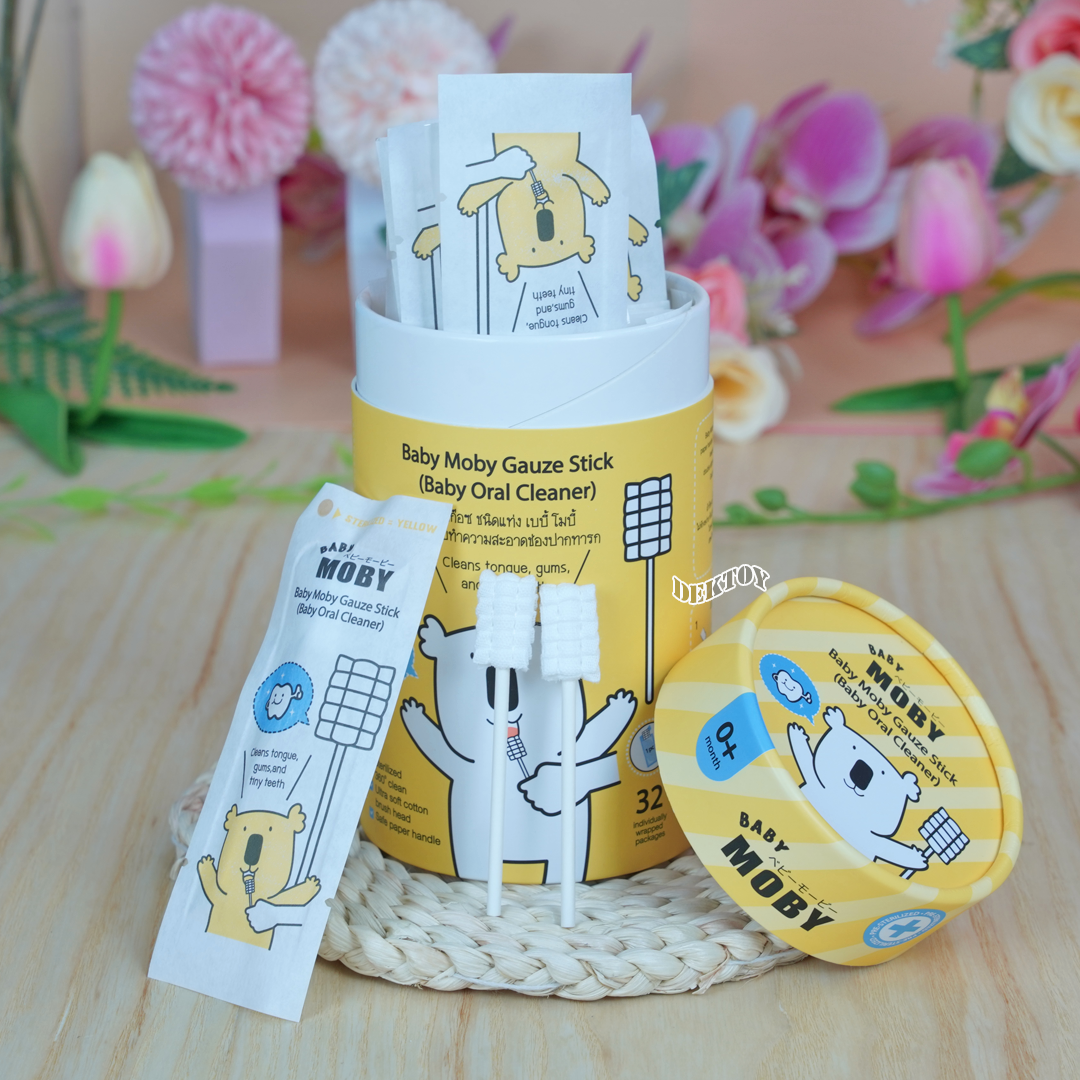 Baby moby โมบี้ ผ้าก๊อซเช็ดลิ้นทารก แปรงผ้าก๊อซสเตอไรส์ (1กระปุก บรรจุ 32 ชิ้น)