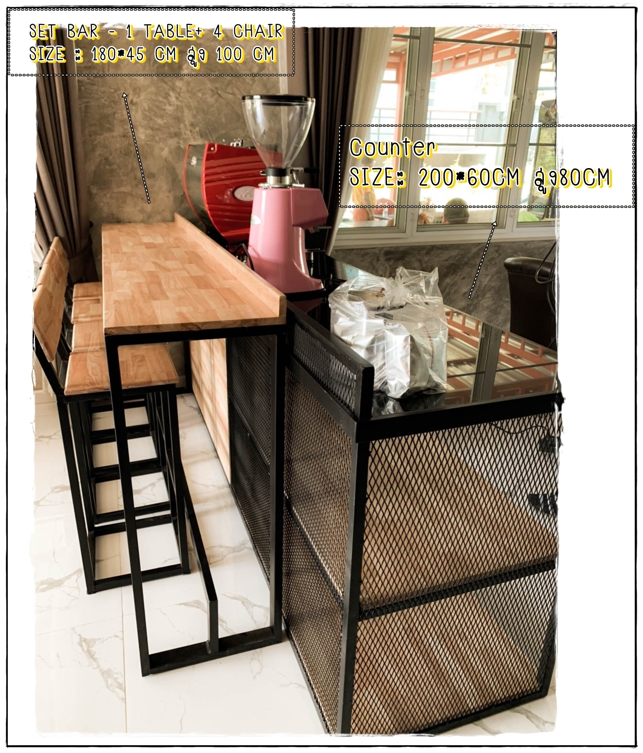 ส่งฟรี เซตแต้งร้านกาแฟ SETโต๊ะบาร์+เก้าอี้ ไม้จริง งานฝีมือHANDMADE จากโรงงานโดยตรง เน้นความสวยงาม+เข็งแรง