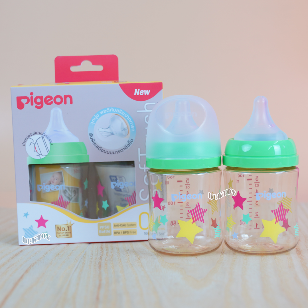 Pigeon พีเจ้น ขวดนมพีเจ้นสีชา PPSU 5 ออนซ์ 160 มล. คอกว้าง แพ็ค2ขวด ลายดาว