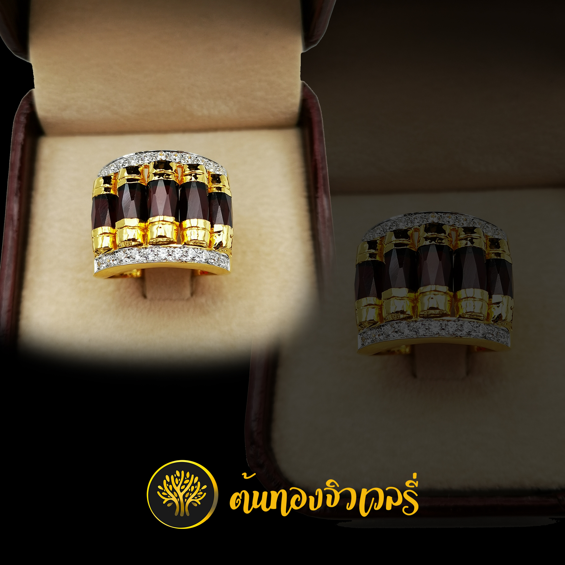 แหวนโกเมนแถว ฝังเพชรบน-ล่าง ข้างฉลุลาย สวยแบบจัดเต็มไปเลยสิครับ