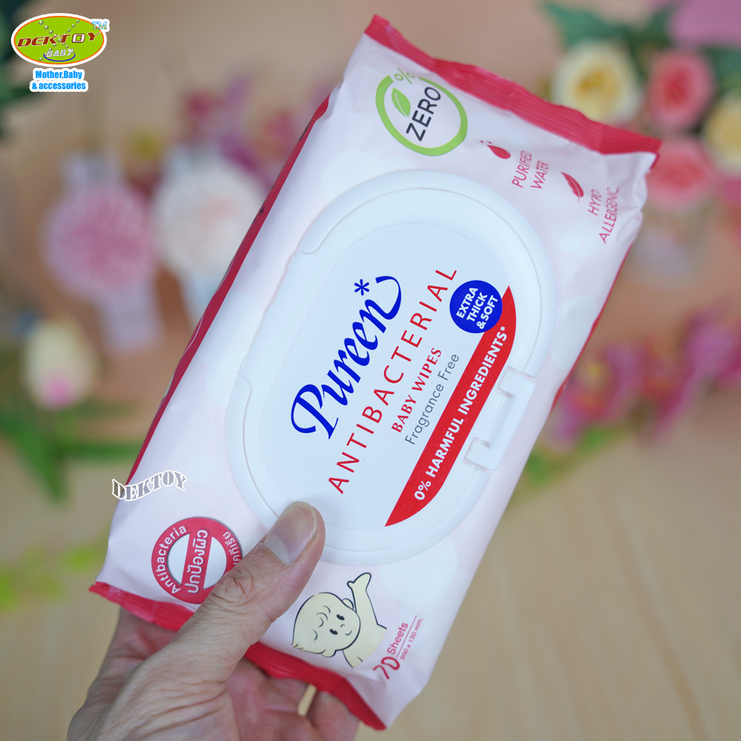 4ห่อ Pureen เพียวรีน ทิชชู่เปียก เบบี้ไวพส์ แอนตี้แบคทีเรียล 70 ชิ้น