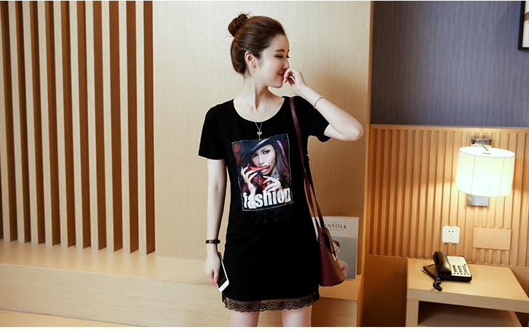 เดรสแฟชั่นเกาหลี ผ้าฝ้ายผสมคอตตอล พิมพ์ลายคมชัดด้านหน้า มี 2 สี