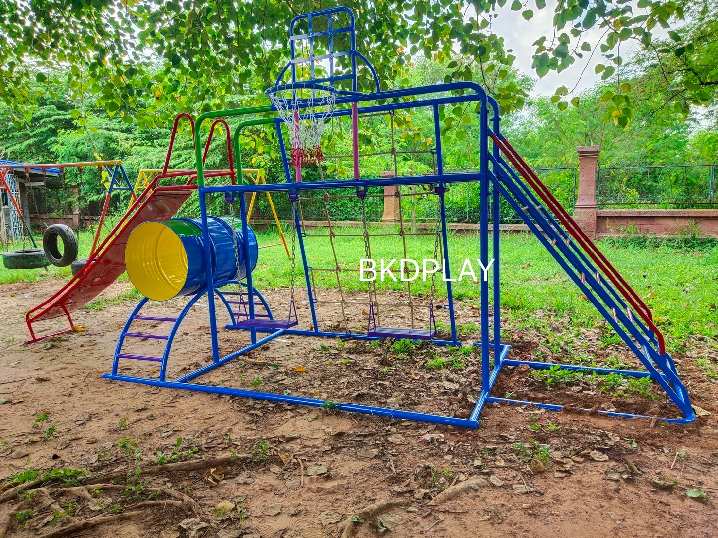 ชุดรวม H เครื่องเล่นสนามแบบเหล็ก ประกอบด้วยสไลเดอร์ชิงช้าปีนป่ายแป้นบาส (ถักเล็ก) , เครื่องเล่นสนามกลางแจ้ง , OutdoorPlayground,ผลิตเครื่องเล่นสนาม,เครื่องเล่นงบสพฐ.ประชารัฐ ราคาโรงงาน