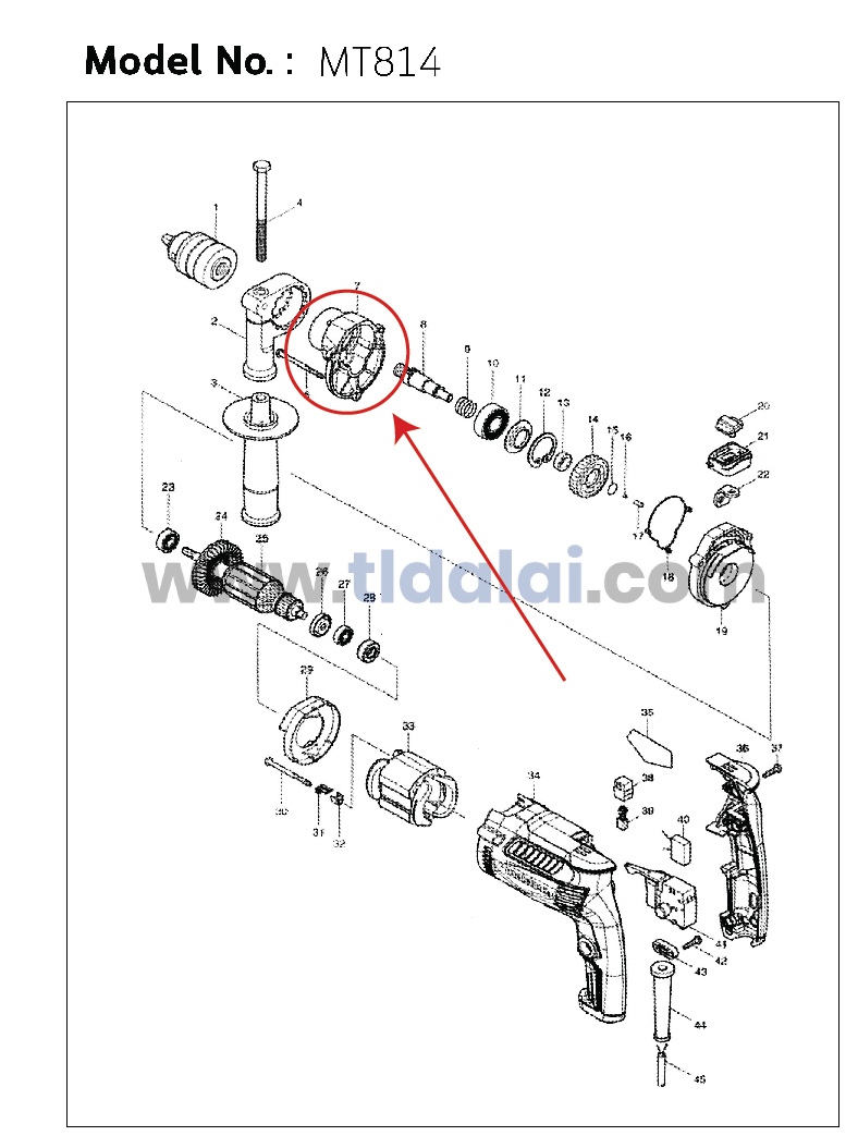 ฝาเฟือง, ฝาดำครอบเฟือง (แท้) สว่าน Maktec มาคเทค รุ่น MT814 - Makita มากีต้า รุ่น M8100, M8100B #7 (451907-7) (อะไหล่แท้ 100%) GEAR HOUSING