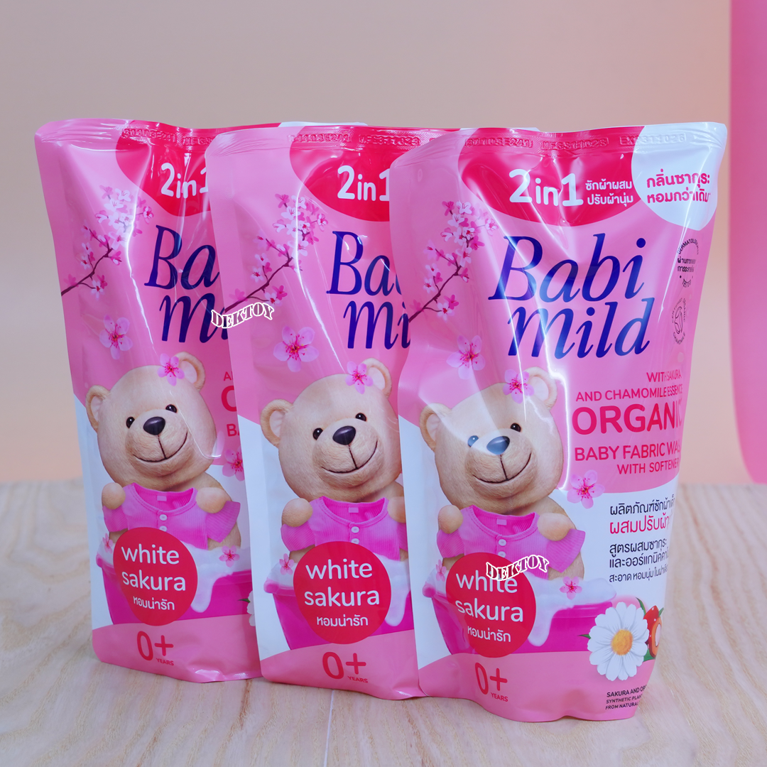 แพค 3 สุดคุ้ม Babimild เบบี้มายด์ น้ำยาซักผ้าเด็กผสมปรับผ้านุ่ม 2อิน1 ขนาด 570 มล. ไวท์ซากุระ ชมพู