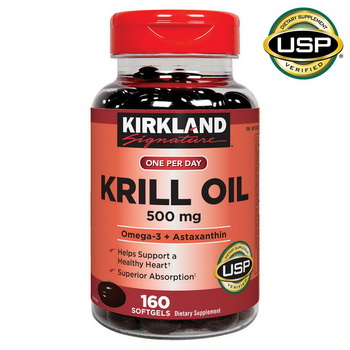 Kirkland Signature Krill Oil 500 mg ขนาด 160 Softgels น้ำมันกุ้ง สุตรเข้มข้น