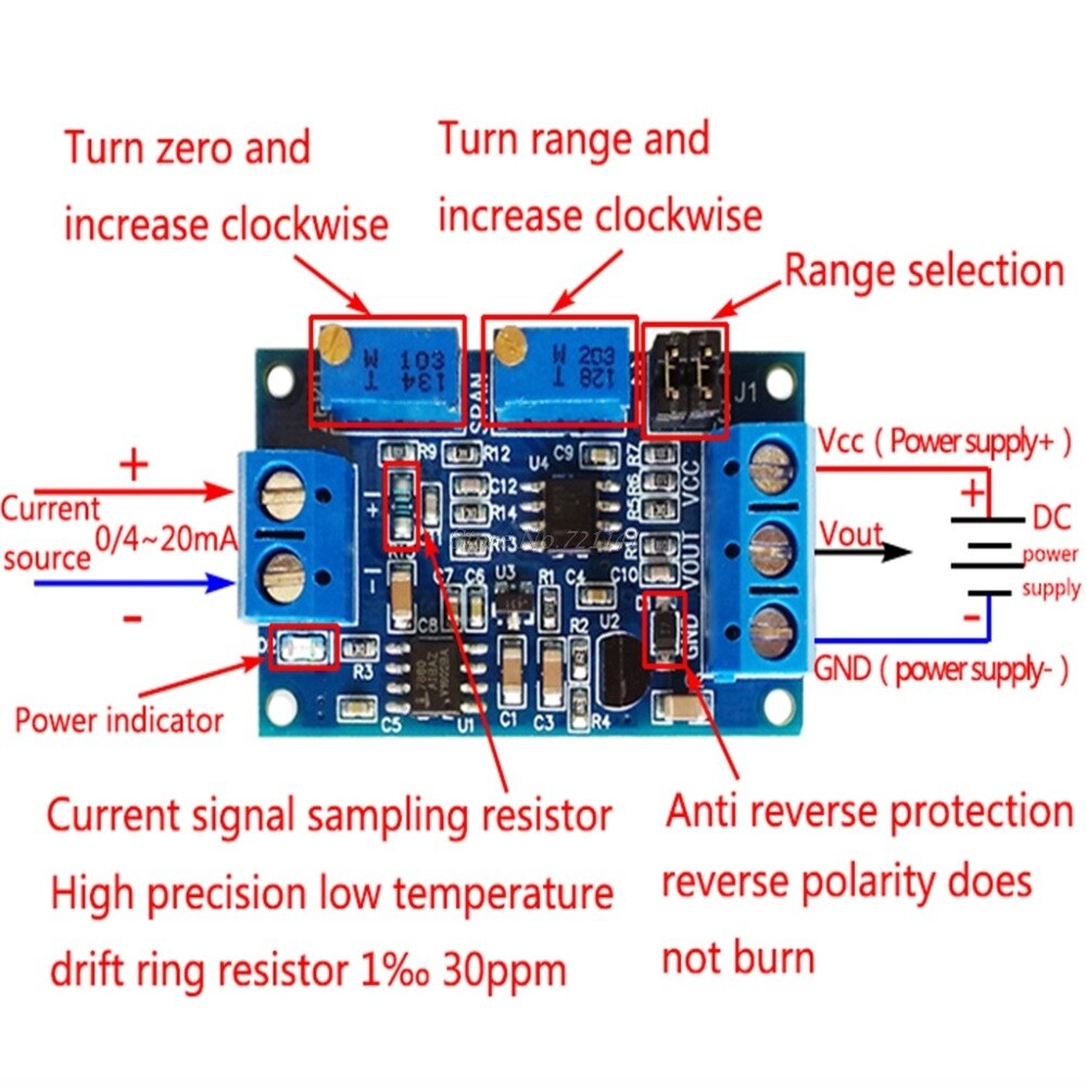 โมดูลแปลงกระแสเป็นแรงดัน เพื่อส่งข้อมูลผ่านสายยาวๆ Current to voltage module 0-20mA / 4 - 20mA to 0-3.3V 5V 10V voltage transmitter signal conversion