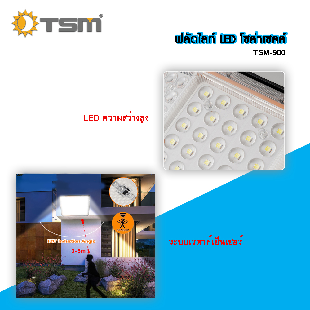 ฟลัดไลท์โซล่าเซลล์ ฟลัดไลท์ LED โซล่าเซลล์ ความสว่างสูง 900W ระบบเรดาห์เซ็นเซอร์ และรีโมทควบคุมการทำงาน