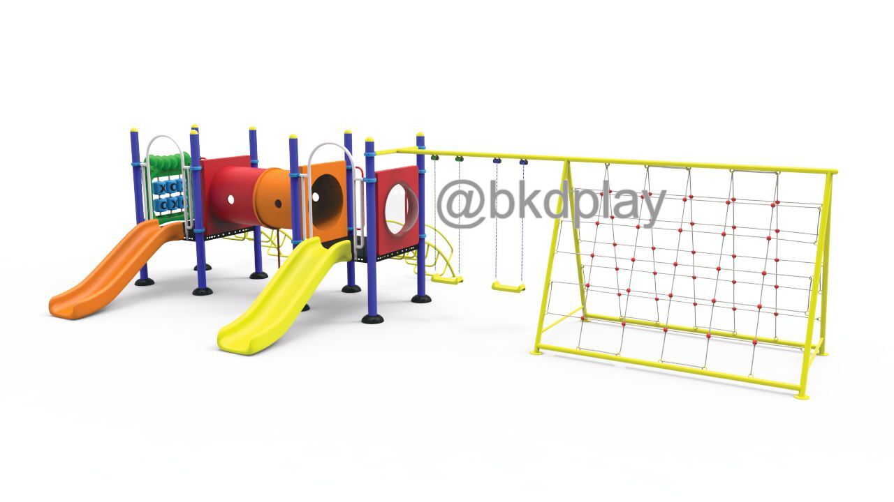 เครื่องเล่นสนามกลางแจ้ง ชุดเครื่องเล่นเด็ก BA-38 มี 2 รางสไลเดอร์, ปีนป่าย 1 ชด,ท่อลอด,และชิงช้า 2 ที่นั่ง,ครุภัณฑ์สนามเด็กเล่น,งบสพฐ,outdoor Playground,ผลิตในไทย