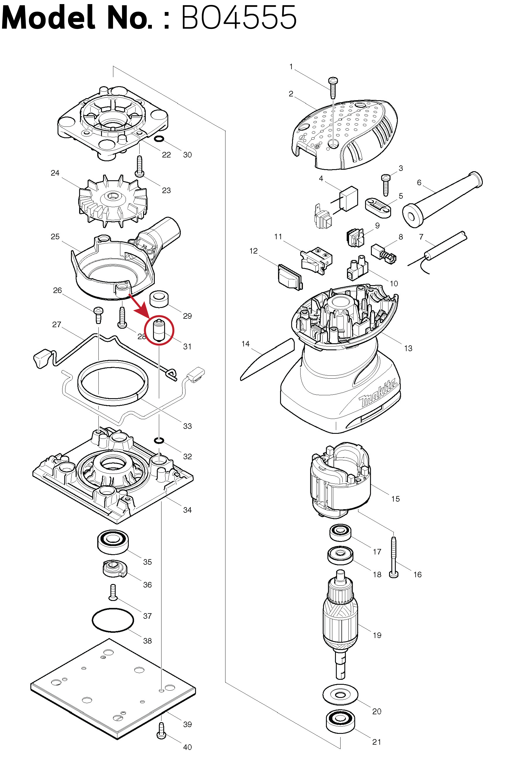 FOOT (แท้) เครื่องขัดกระดาษทราย (318151-8) Makita มากีต้า รุ่น M9502B, BO3700, BO3710, BO3711, BO4555, BO4556, BO4557, BO4565, DBO0380 - Maktec มาคเทค รุ่น MT920, MT921, MT923, MT925 (318151-8) (อะไหล่แท้100%)