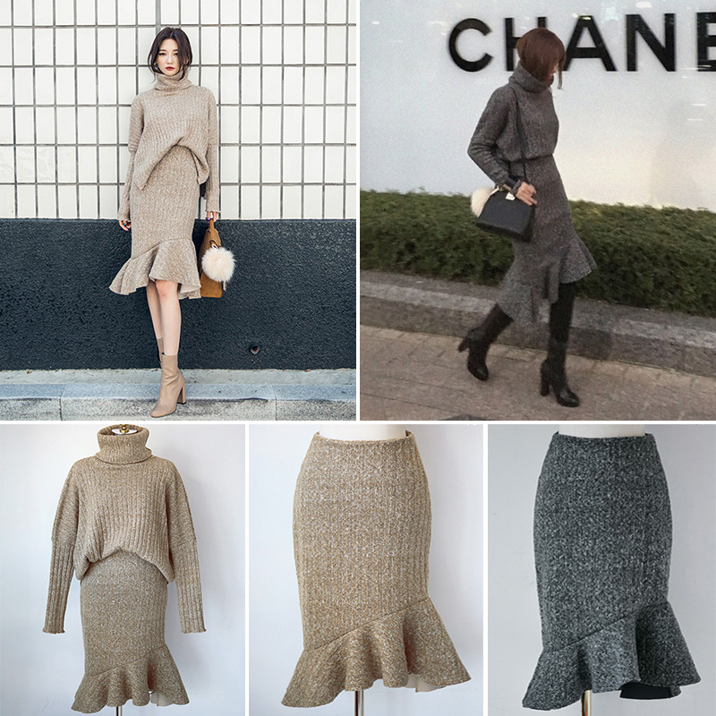 ชุดเสื้อกระโปรง เสื้อคอเต่าแขนยาวไหมพรม คู่กระโปรงชายระบาย (มี 2 สี)