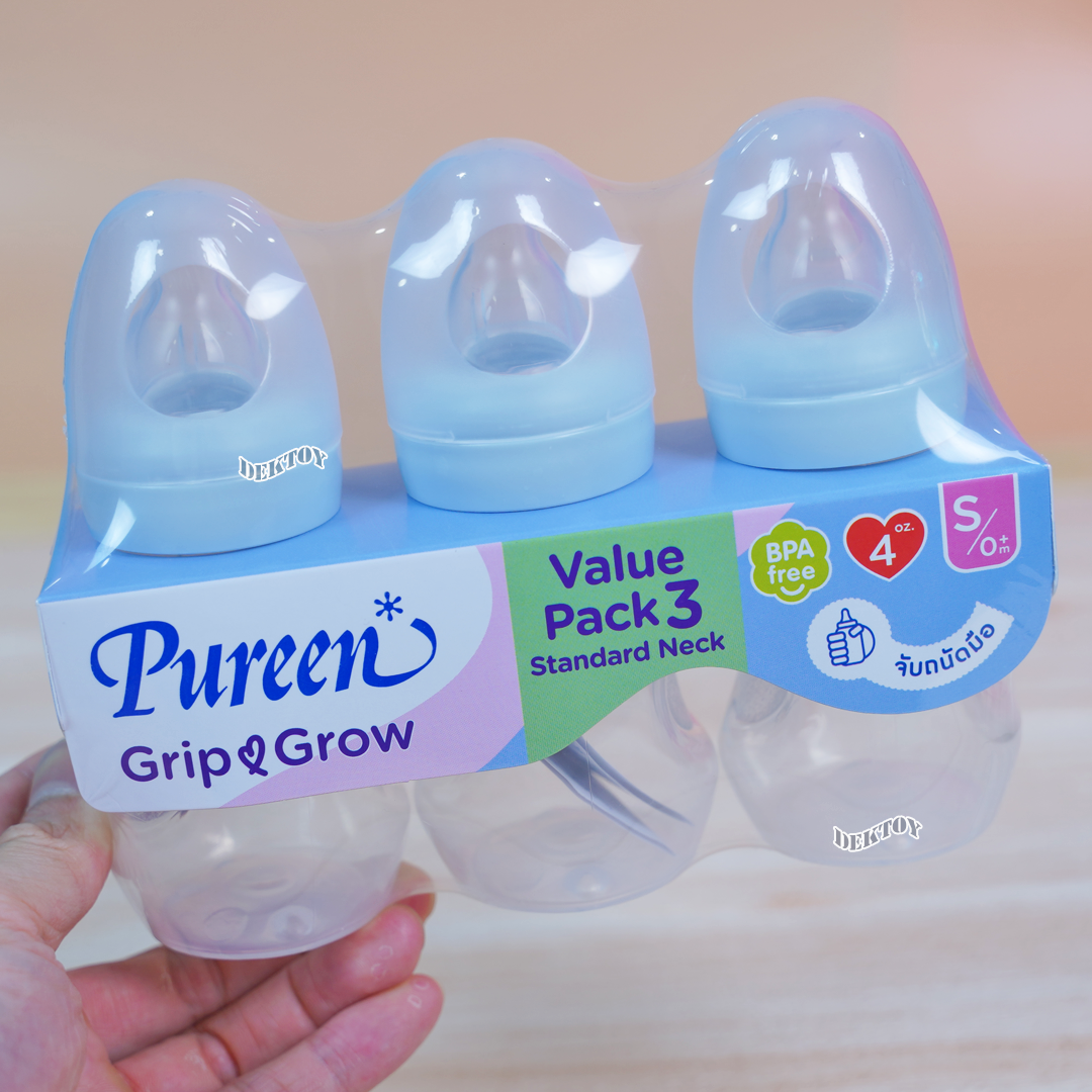 Pureen ขวดนมเพียวรีนจับถนัดมือ PPคอมาตรฐานแพ็ค3ขวดจุกนุ่มAnti-colic Grip grow