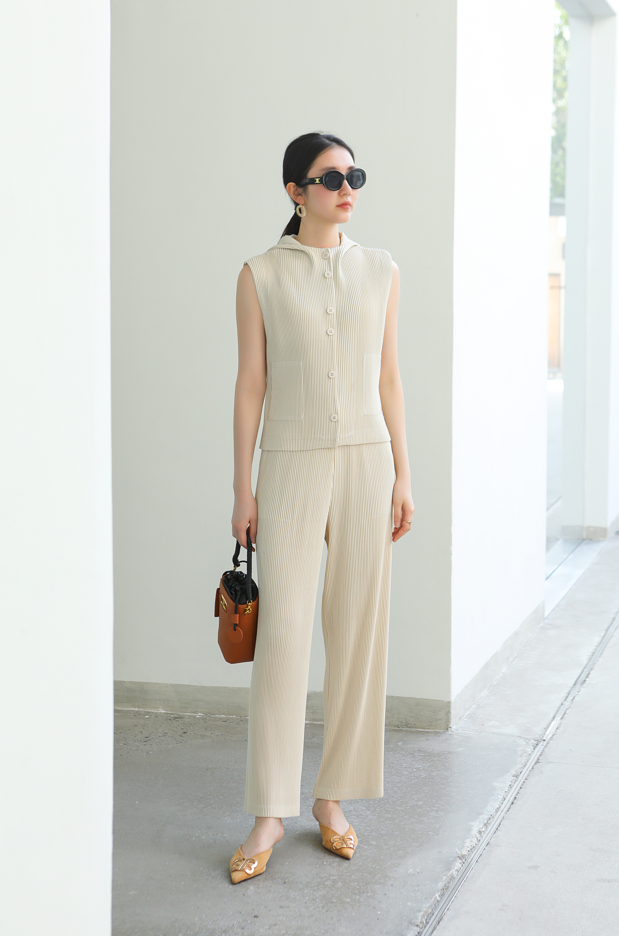 2MUAY รุ่น GJO5103-9 / GJO5151-9 เซ็ตพลีทคุณภาพ THICK SLEEVELESS HOODED TOP WITH PANT PLEATED SET 8สี FREE SIZE