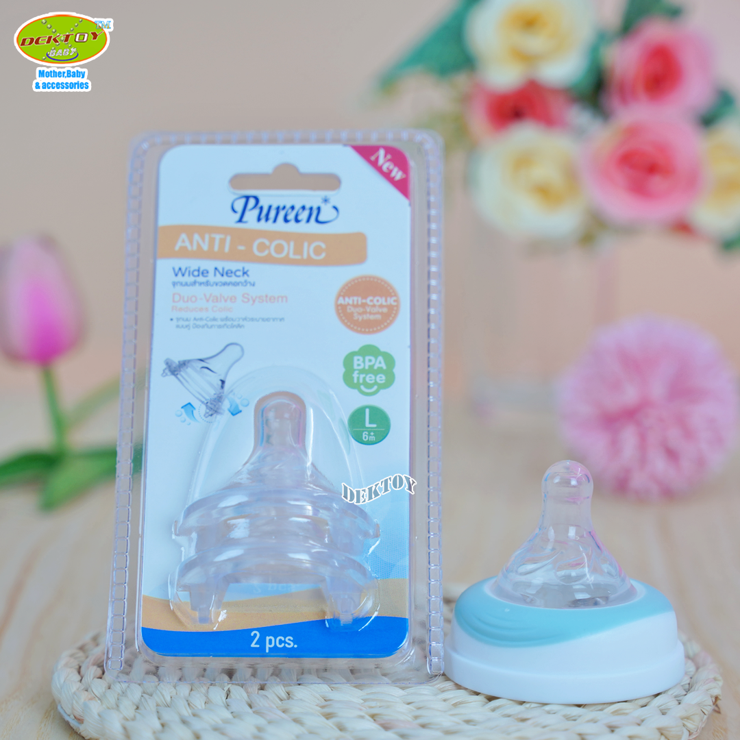 1แถม1 Pureen เพียวรีน จุกนมคอกว้างเสมือนนมแม่ Anti Colic แพ็ค 2 ชิ้น