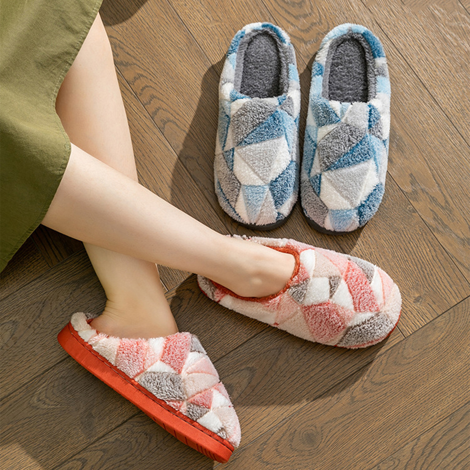 รองเท้าใส่ในบ้าน P971-เพชรสลับ สไตล์ญี่ปุ่น ผ้าฝ้าย(Cotton) ขนนุ่ม พื้นนิ่ม ใส่สบายเท้า พื้นยางกันลื่น