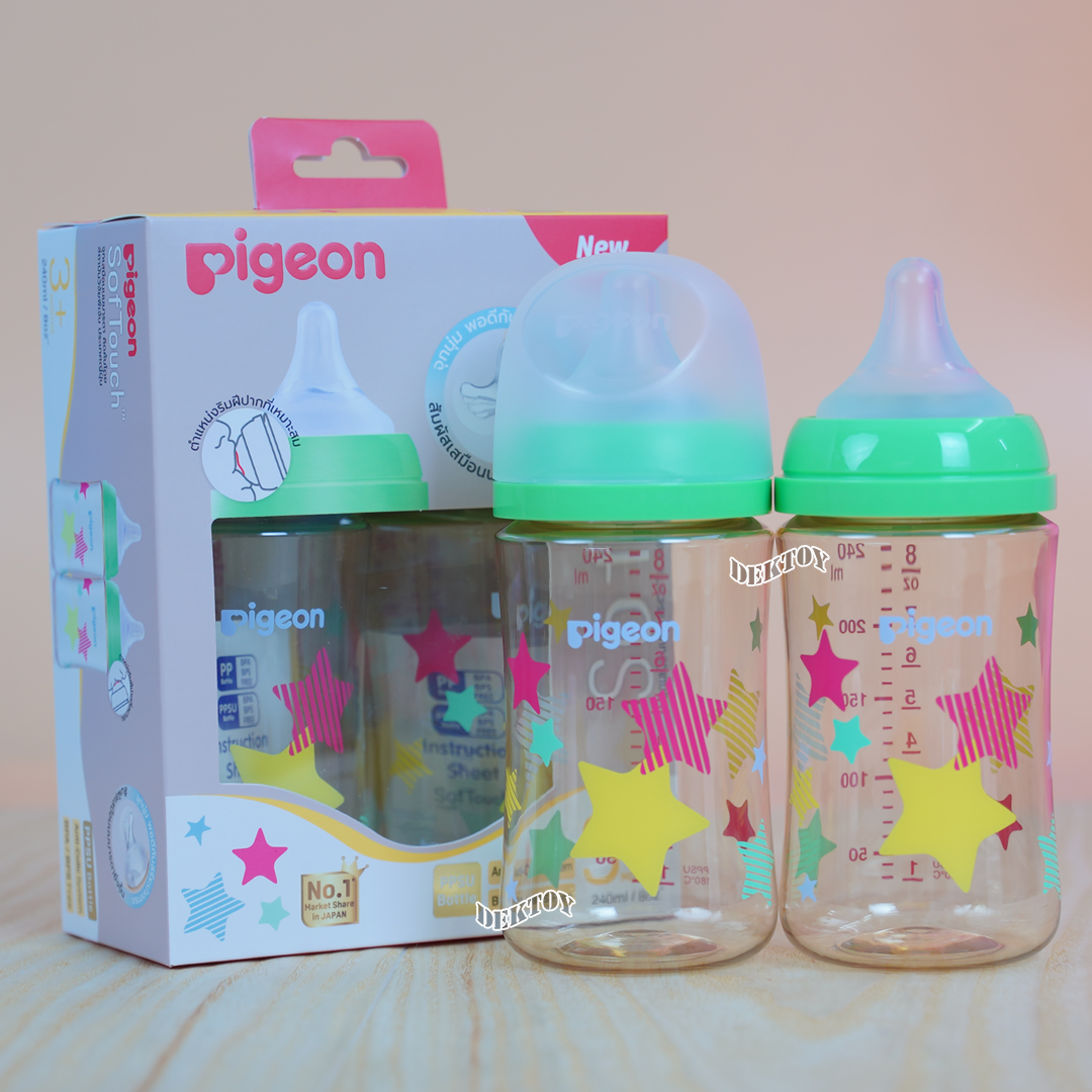Pigeon พีเจ้น ขวดนมพีเจ้นสีชา PPSU 8 ออนซ์ 240 มล. คอกว้าง แพ็ค2ขวด ลายดาว