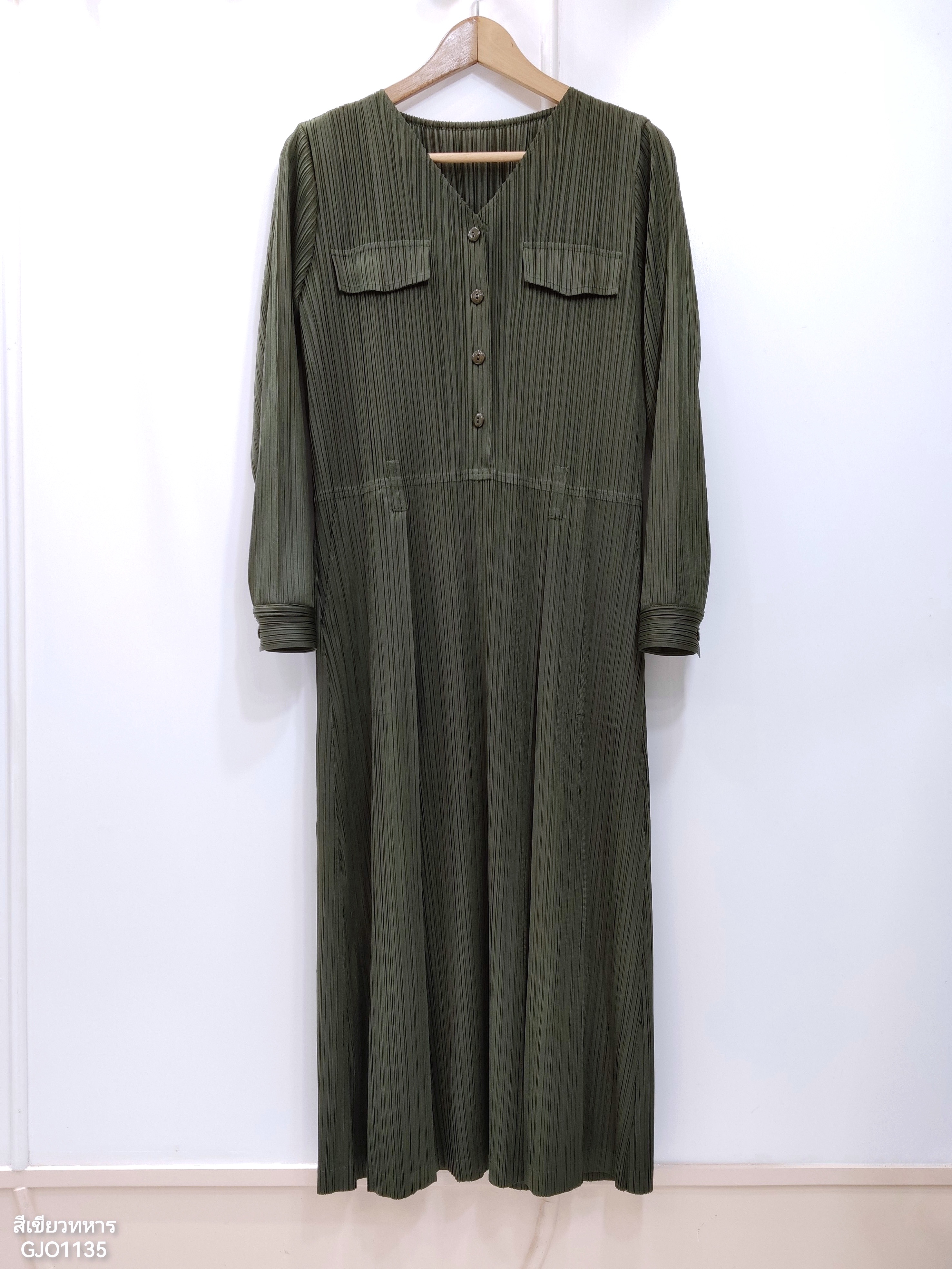 2MUAY รุ่น GJO1135 เดรสพลีทคุณภาพ V NECK LONG SLEEVE PLEATED DRESS 8 สี FREE SIZE