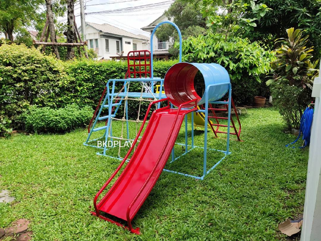 เครื่องเล่นสนามชุดรวมD ประกอบด้วยสไลเดอร์ปีนป่ายแป้นบาสและถังลอด, เครื่องเล่นสนามกลางแจ้ง , เครื่องเล่นสนามเหล็ก, ของเล่น, OutdoorPlayground,สนามเด็กเล่น,เครื่องเล่นงบสพฐ.ประชารัฐ ราคาโรงงาน