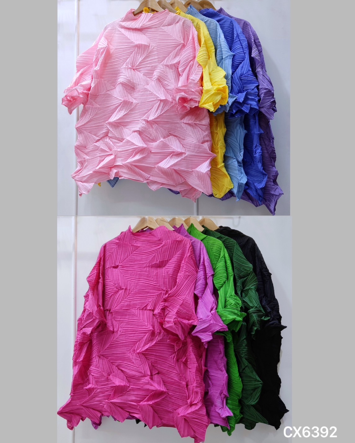 อกถึง60 ยาว31นิ้ว 2MUAY รุ่น CX6392 เสื้อพลีทคุณภาพ HIGH NECK ZIG ZAG PLEATED TOP 10 สี FREE SIZE