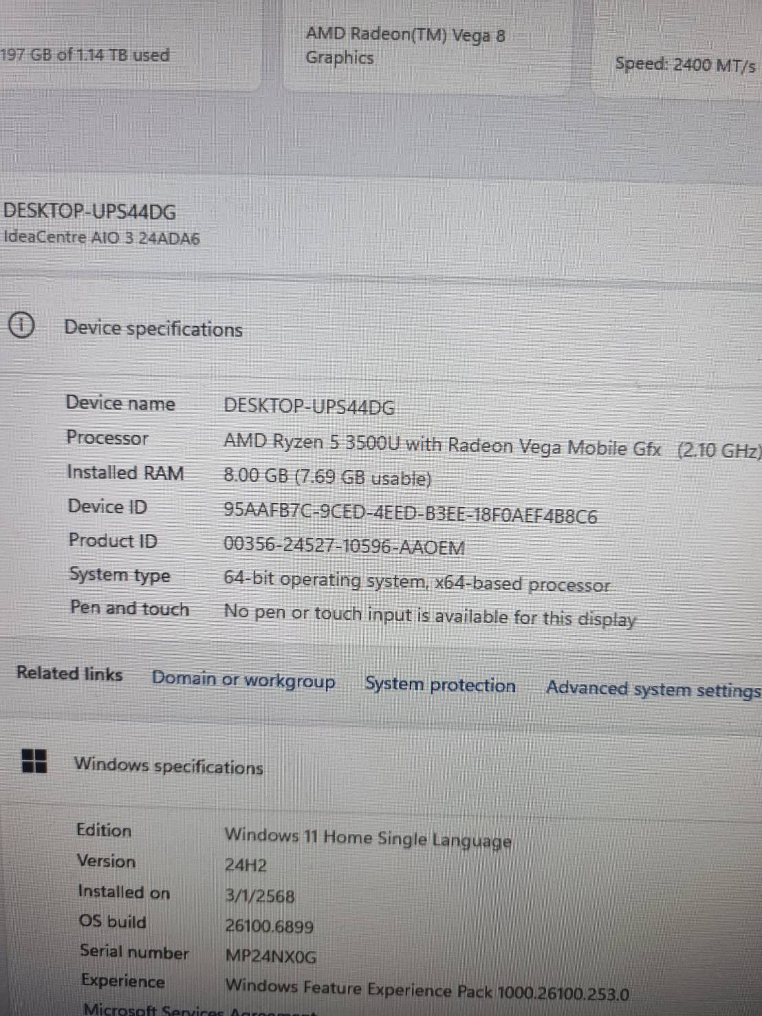 ALL-IN-ONE Lenovo ideaCenter Aio 3 24ADA6 Ryzen5-3500U Ram 8GB SSD 256GB