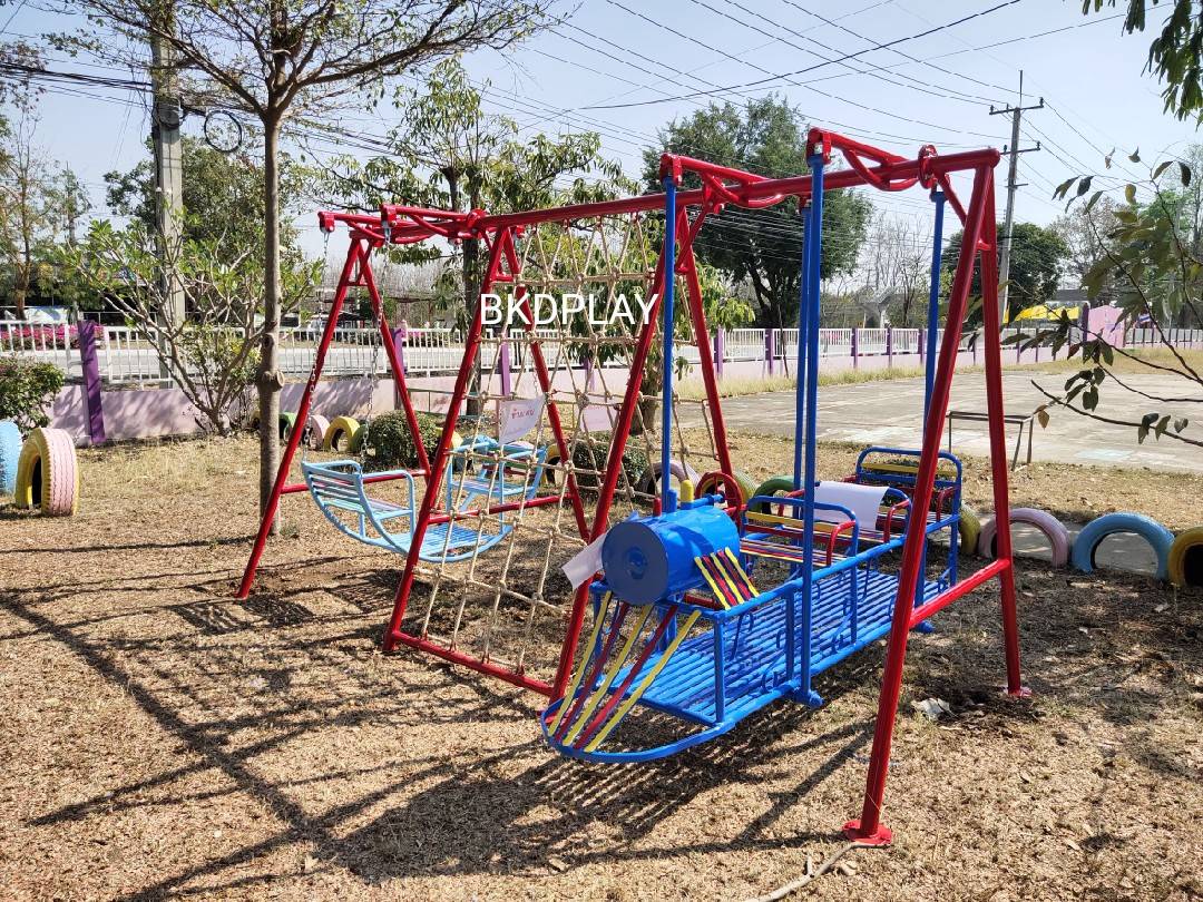 เครื่องเล่นสนามกลางแจ้ง เหล็ก ชุดปีนป่ายรวมรถไฟ พร้อมชิงช้านั่งคู่ OutdoorPlayground,ผลิตเครื่องเล่นสนาม,เครื่องเล่นในสนามเด็กเล่น,เครื่องเล่นงบสพฐ.,ประชารัฐ, ราคาโรงงาน ขนาด 150 x 350 x 160 ซม.