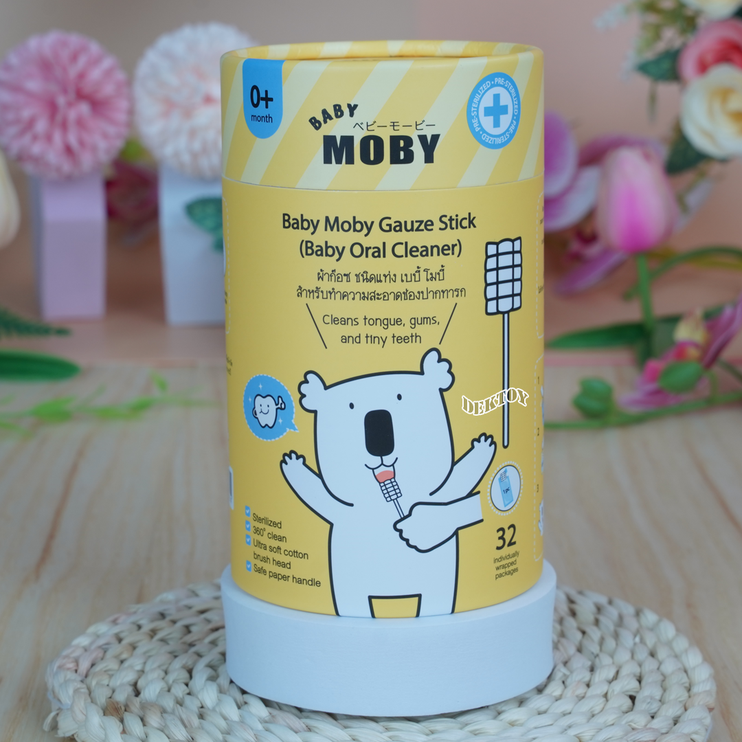 Baby moby โมบี้ ผ้าก๊อซเช็ดลิ้นทารก แปรงผ้าก๊อซสเตอไรส์ (1กระปุก บรรจุ 32 ชิ้น)