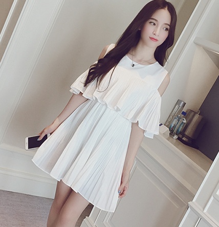 เดรสเว้าไหล่ ผ้าชีฟองเนื้อทรายเนื้อดี ตามแบบ